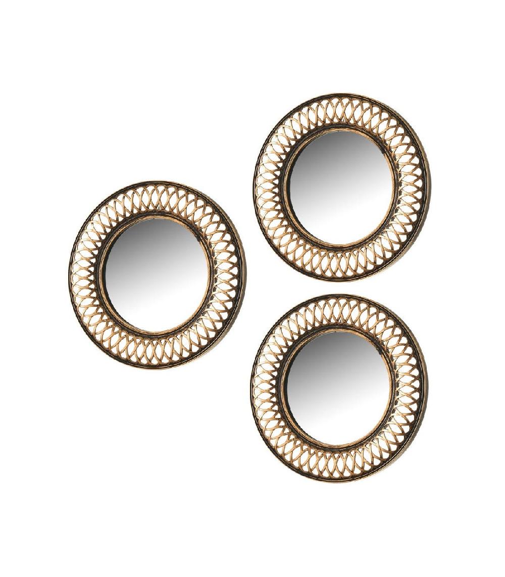 wadiga Set de 3 Miroirs Ronds avec Moulures en Polypropylène Doré Ajourées