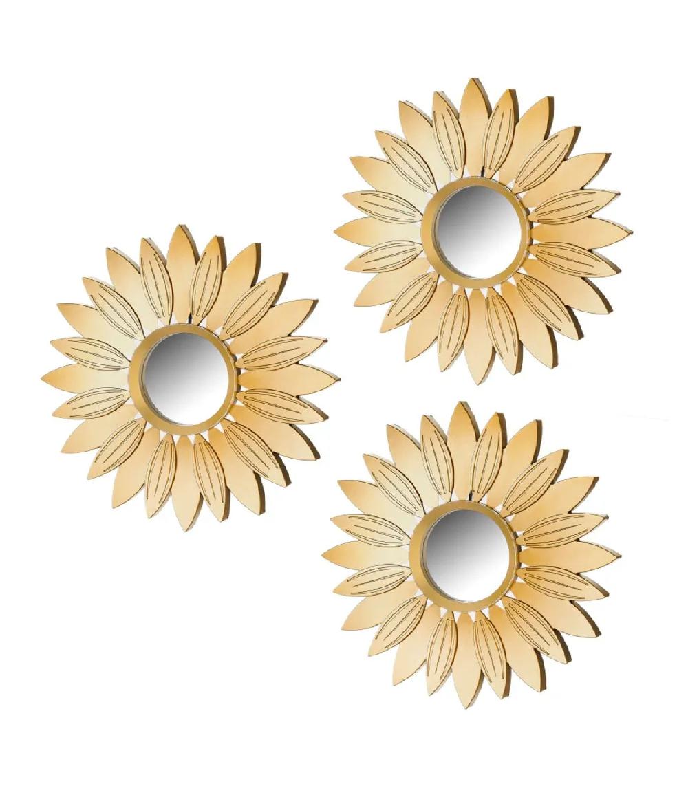 wadiga Set de 3 miroirs ronds dorés fleurs 25.5x25.5x1.5cm