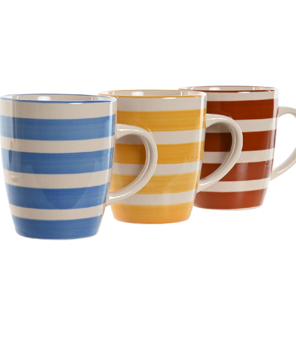 Wadiga Set De 3 Mugs Faïence Rayures Bleues Jaunes Rouges 12.5x8.5x11cm
