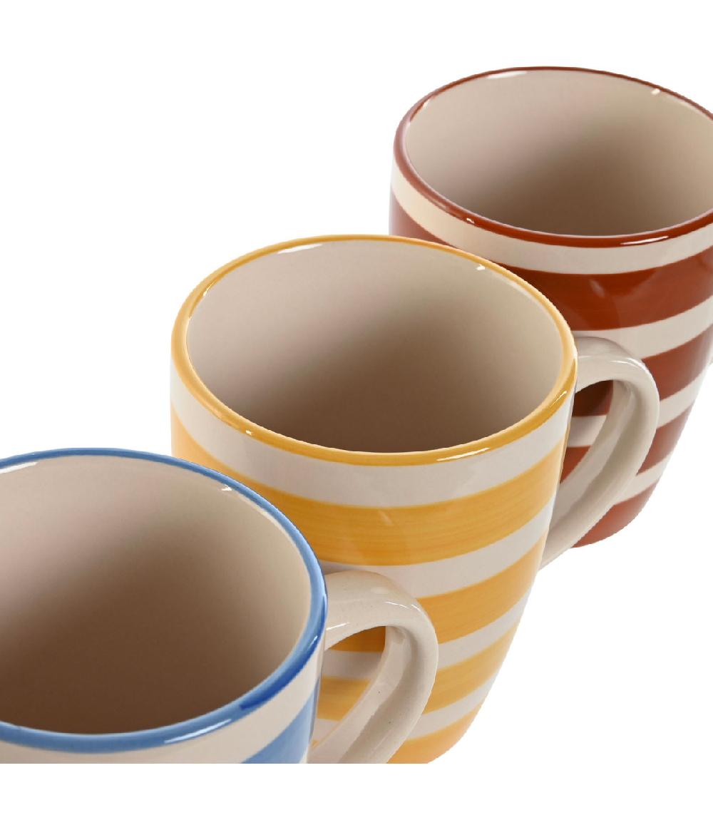 Wadiga Set De 3 Mugs Faïence Rayures Bleues Jaunes Rouges 12.5x8.5x11cm