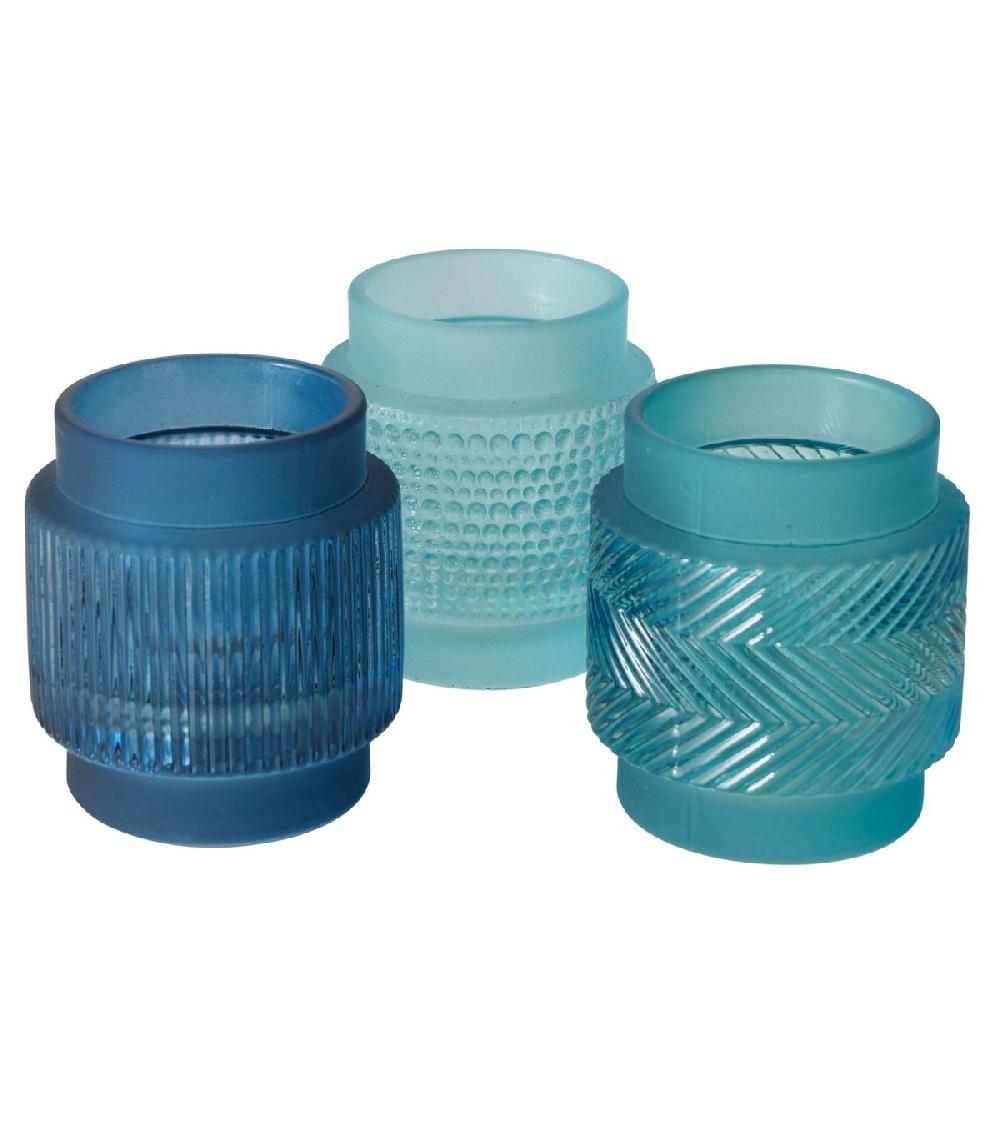 wadiga Set de 3 photophores en verre bleu Hauteur 8cm