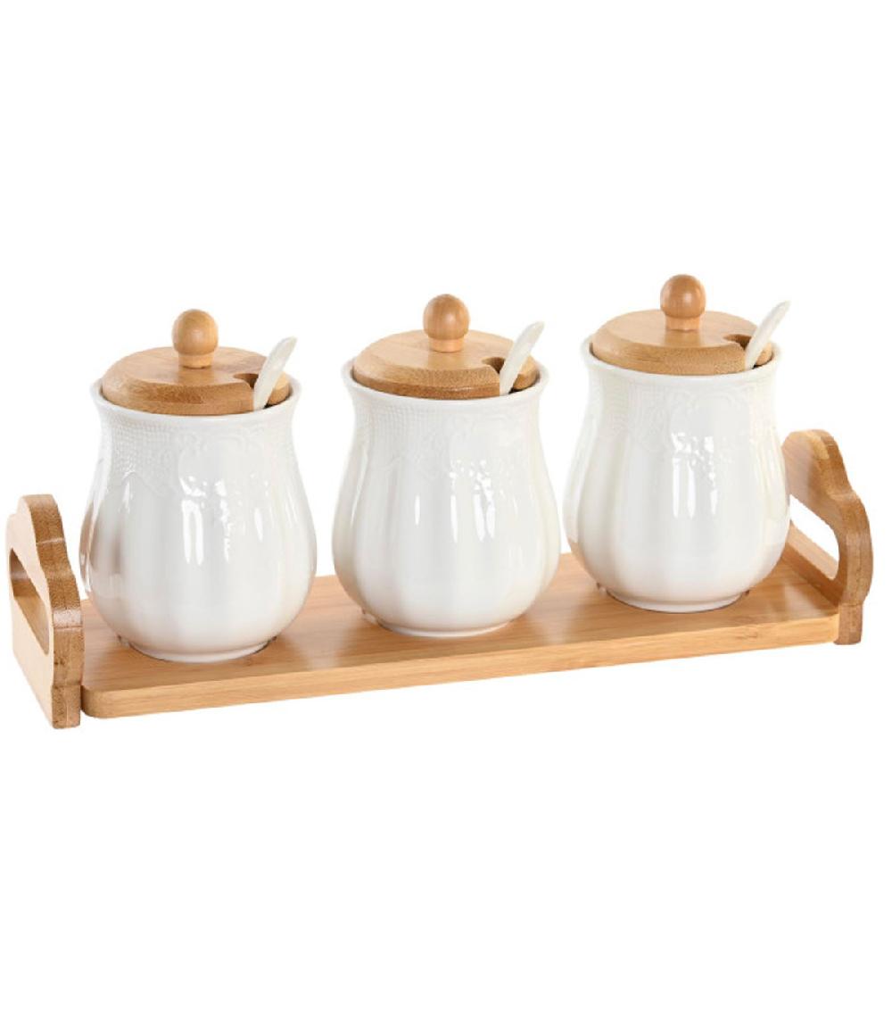wadiga Set de 3 pots à condiments porcelaine et bambou 29.5x9x13cm