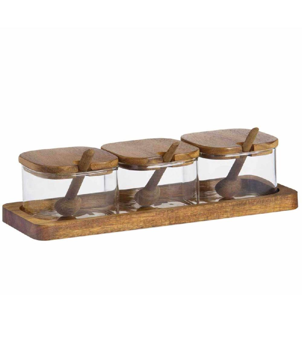 Wadiga Set De 3 Pots à épices En Verre Et Plateau En Bois D'acacia 21x10.5x7cm