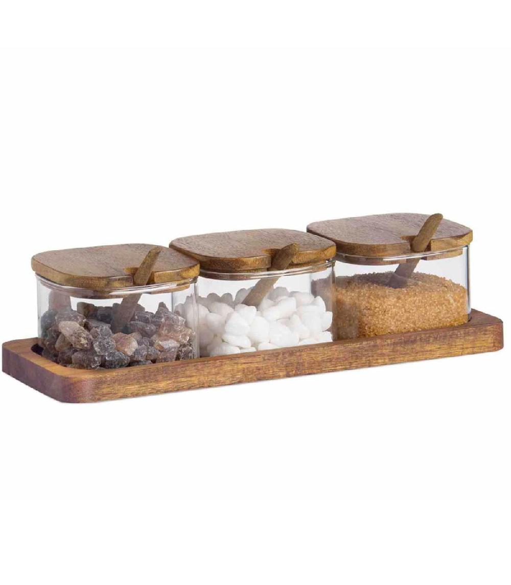 wadiga Set de 3 pots à épices en verre et plateau en bois d'acacia 21x10.5x7cm
