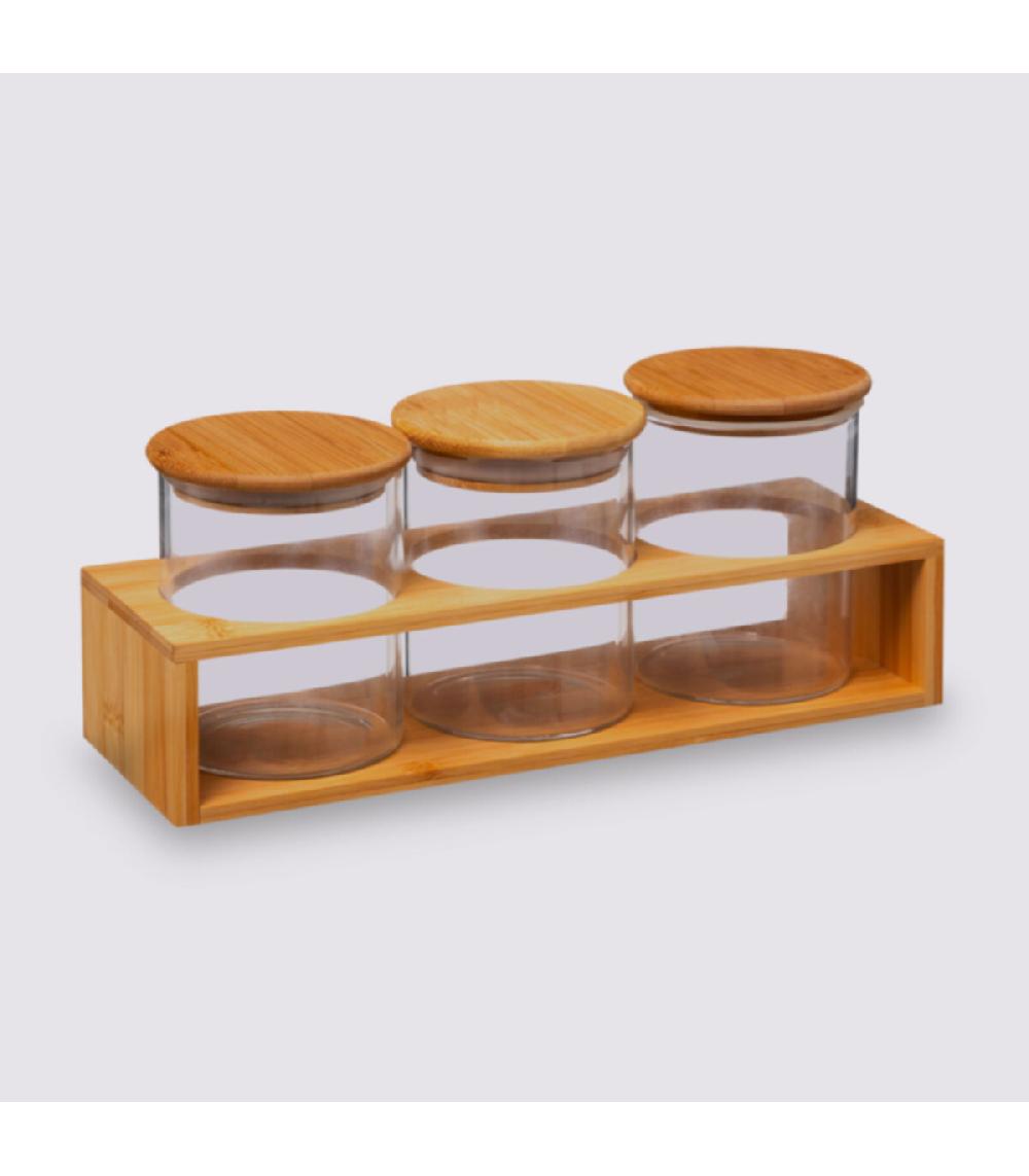 Wadiga Set De 3 Pots à épices En Verre Et Support En Bambou