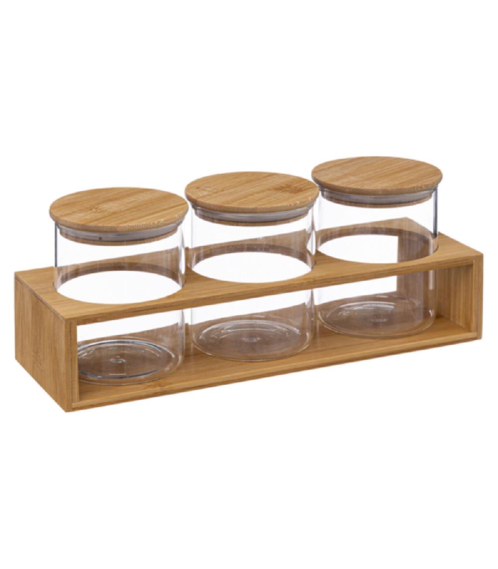 wadiga Set de 3 pots à épices en verre et support en bambou