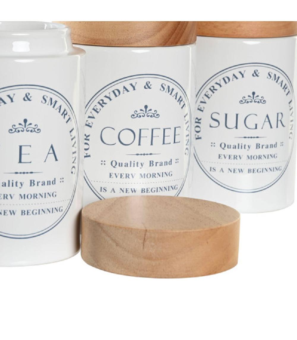 Wadiga Set De 3 Pots En Céramique Et Bois Café Thé Sucre 10x10x16cm