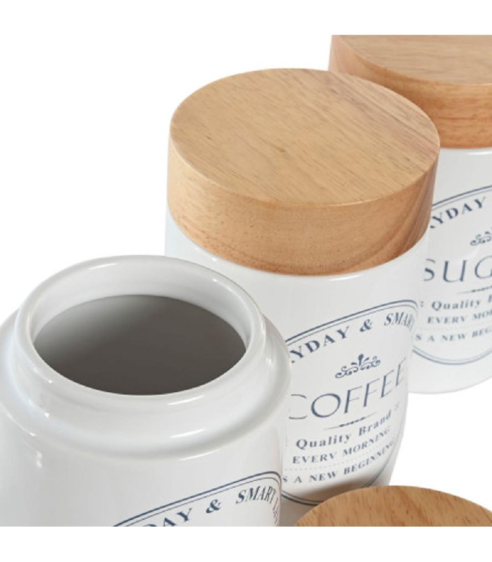 Wadiga Set De 3 Pots En Céramique Et Bois Café Thé Sucre 10x10x16cm