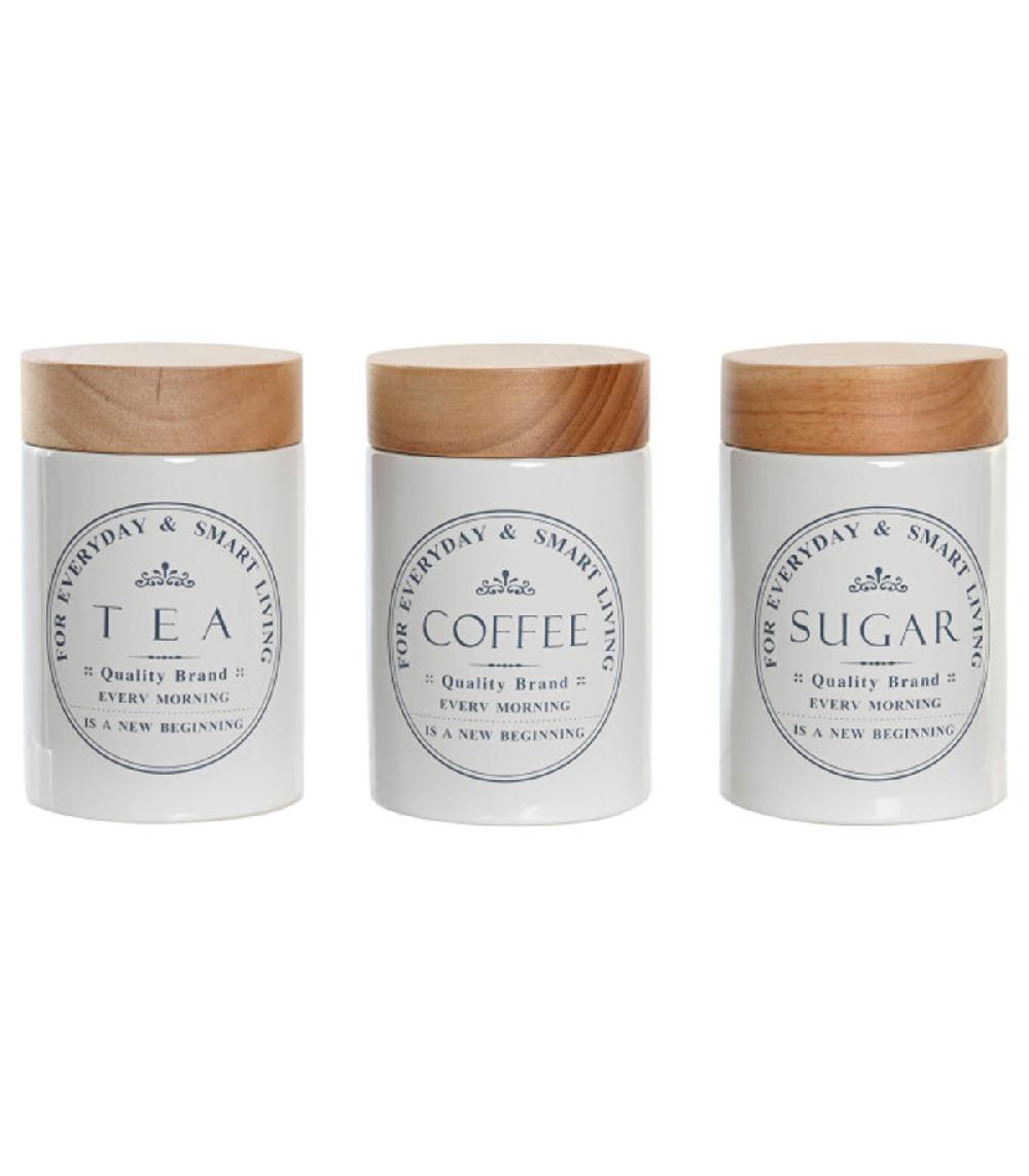 wadiga Set de 3 pots en céramique et bois café thé sucre 10x10x16cm