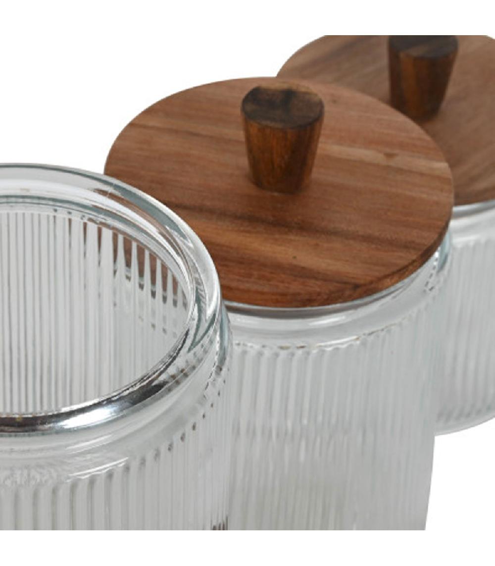 Wadiga Set De 3 Pots En Verre Strié Et Bois D'acacia 12.5x12.5x36.5cm