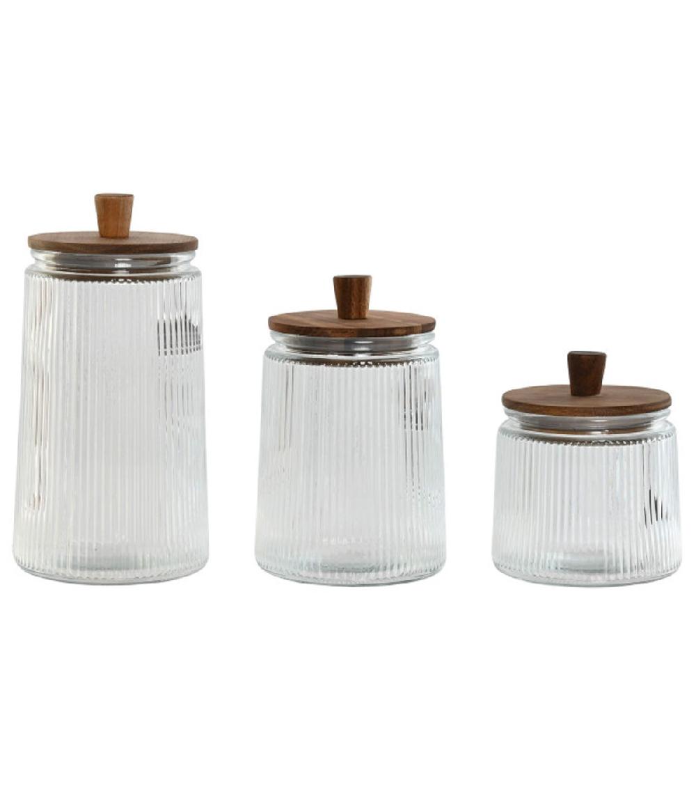 wadiga Set de 3 pots en verre strié et bois d'acacia 12.5x12.5x36.5cm