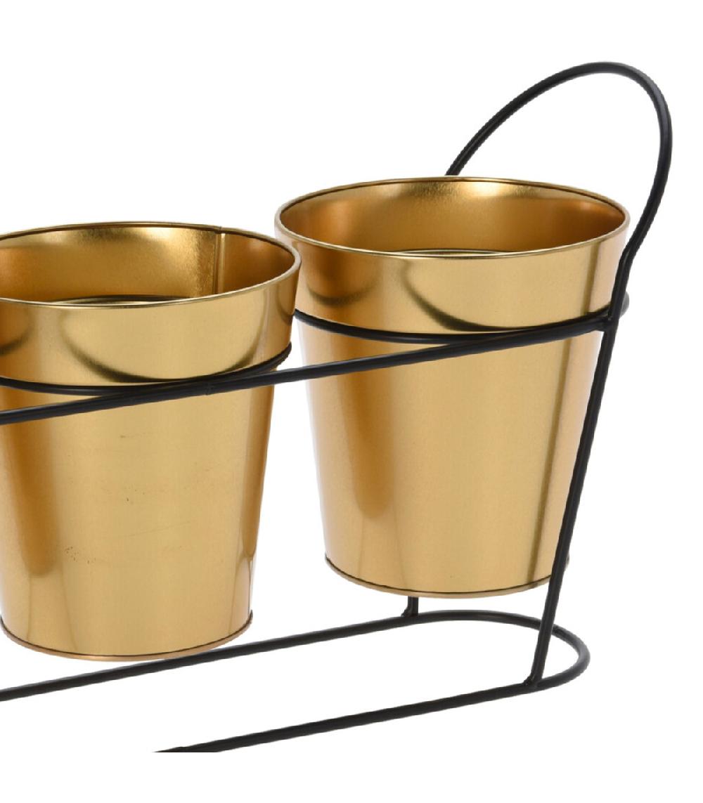 Wadiga Set De 3 Pots Plantes Dorés Avec Support Métal Noir