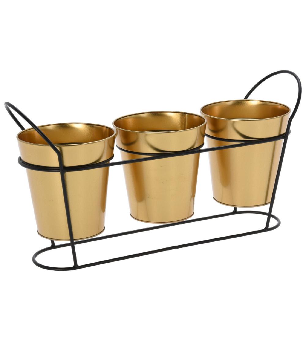 wadiga Set de 3 pots plantes dorés avec support métal noir