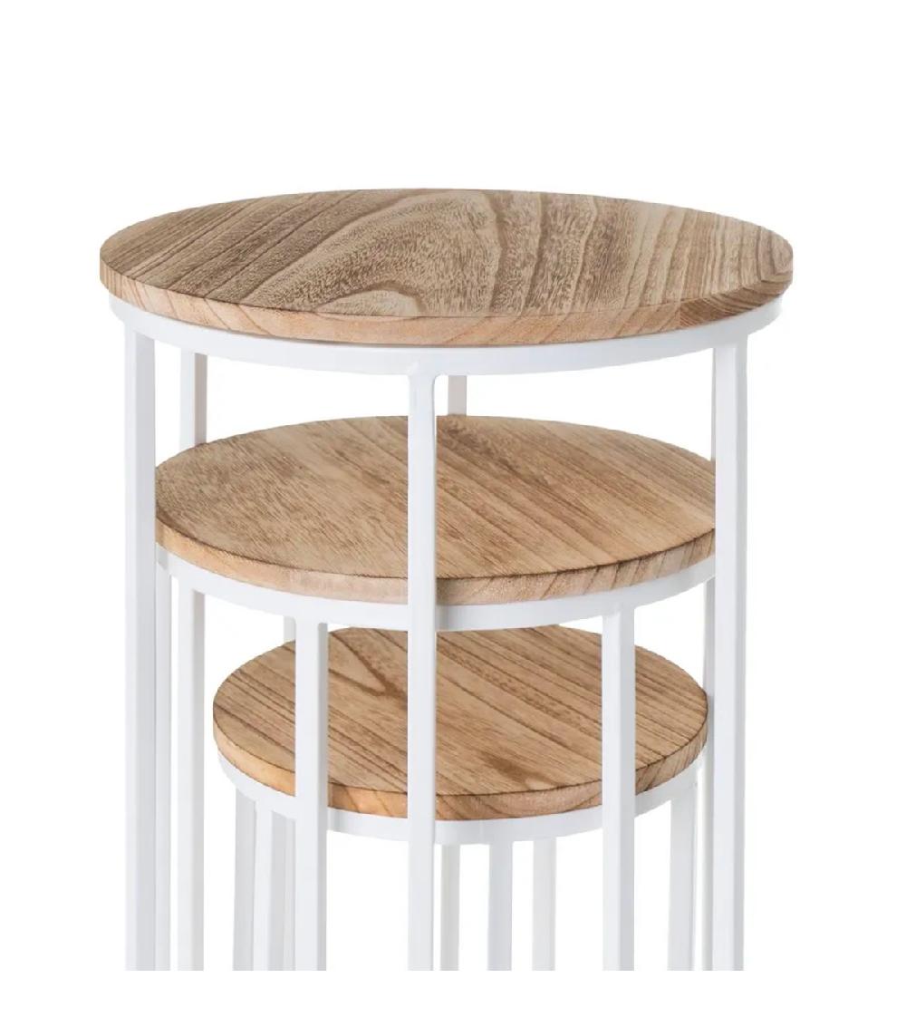 Wadiga Set De 3 Sellettes Rondes En Métal Blanc Et Plateaux Bois 31x31x81cm