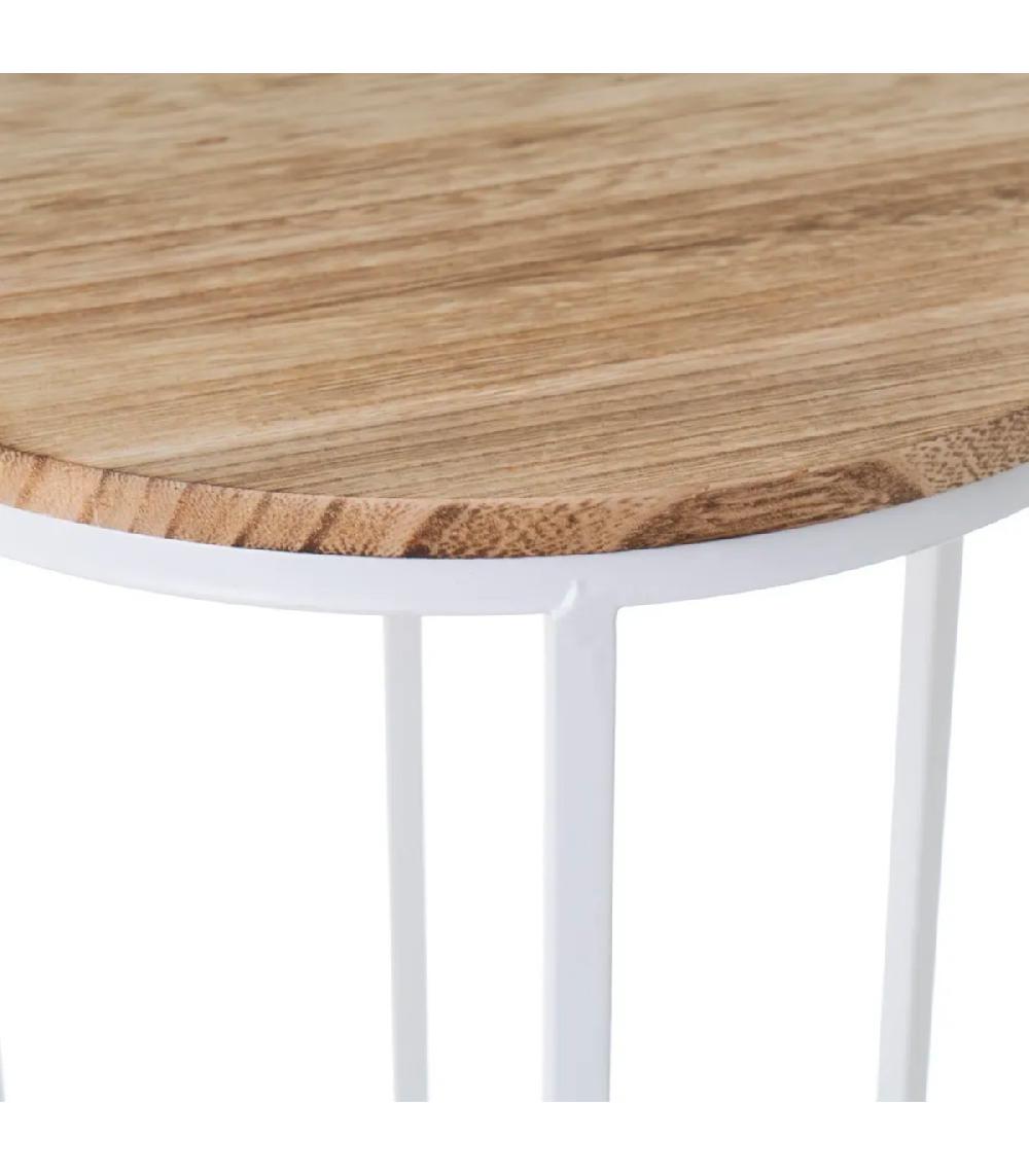 Wadiga Set De 3 Sellettes Rondes En Métal Blanc Et Plateaux Bois 31x31x81cm
