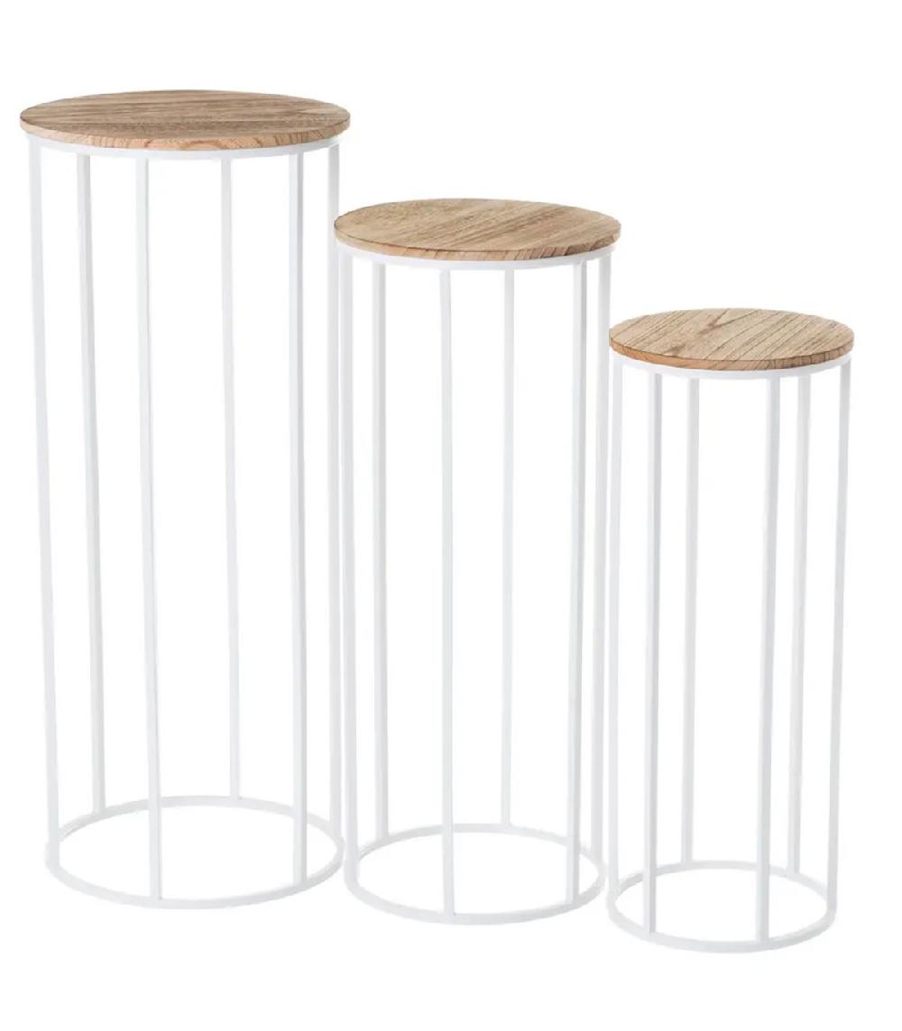 wadiga Set de 3 sellettes rondes en métal blanc et plateaux bois 31x31x81cm