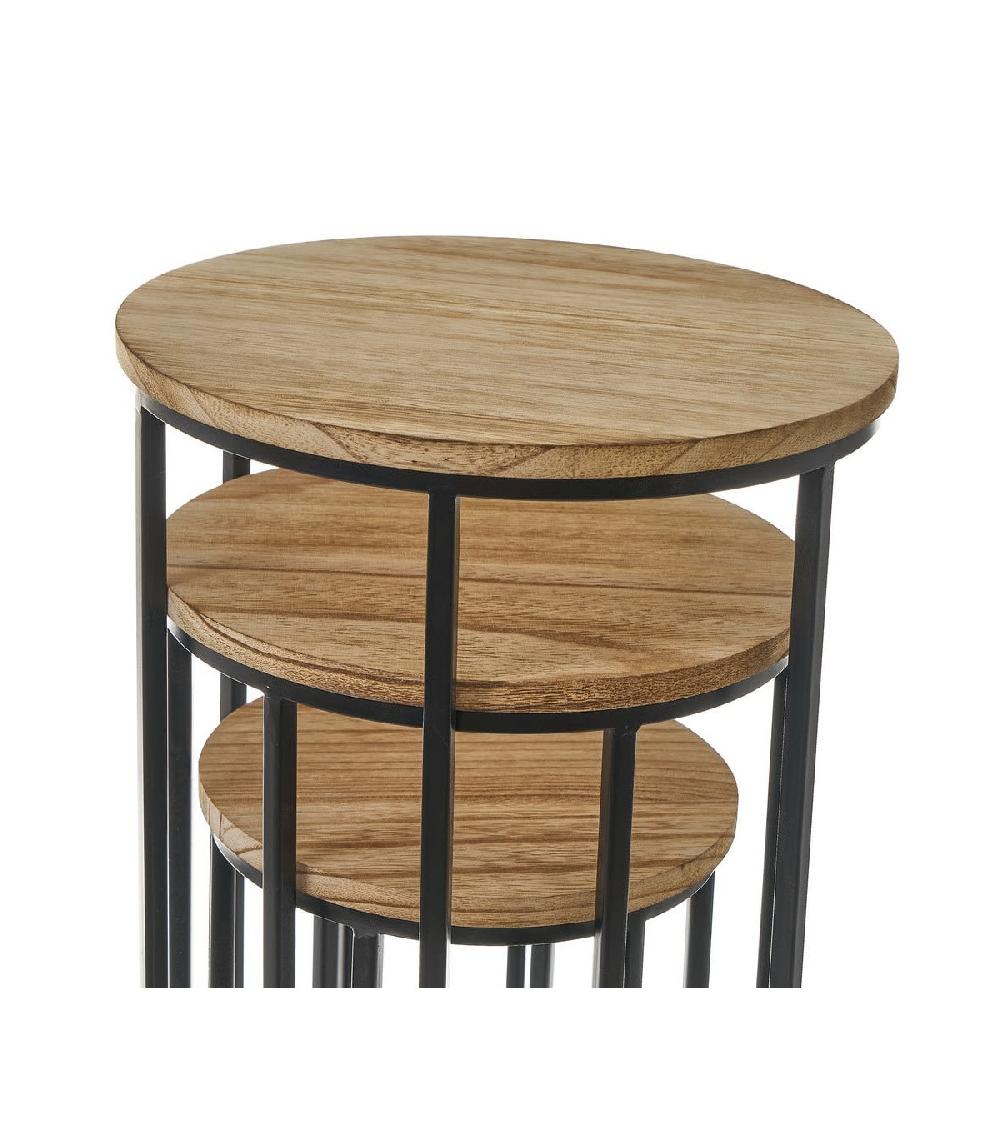Wadiga Set De 3 Sellettes Rondes En Métal Noir Et Plateaux Bois