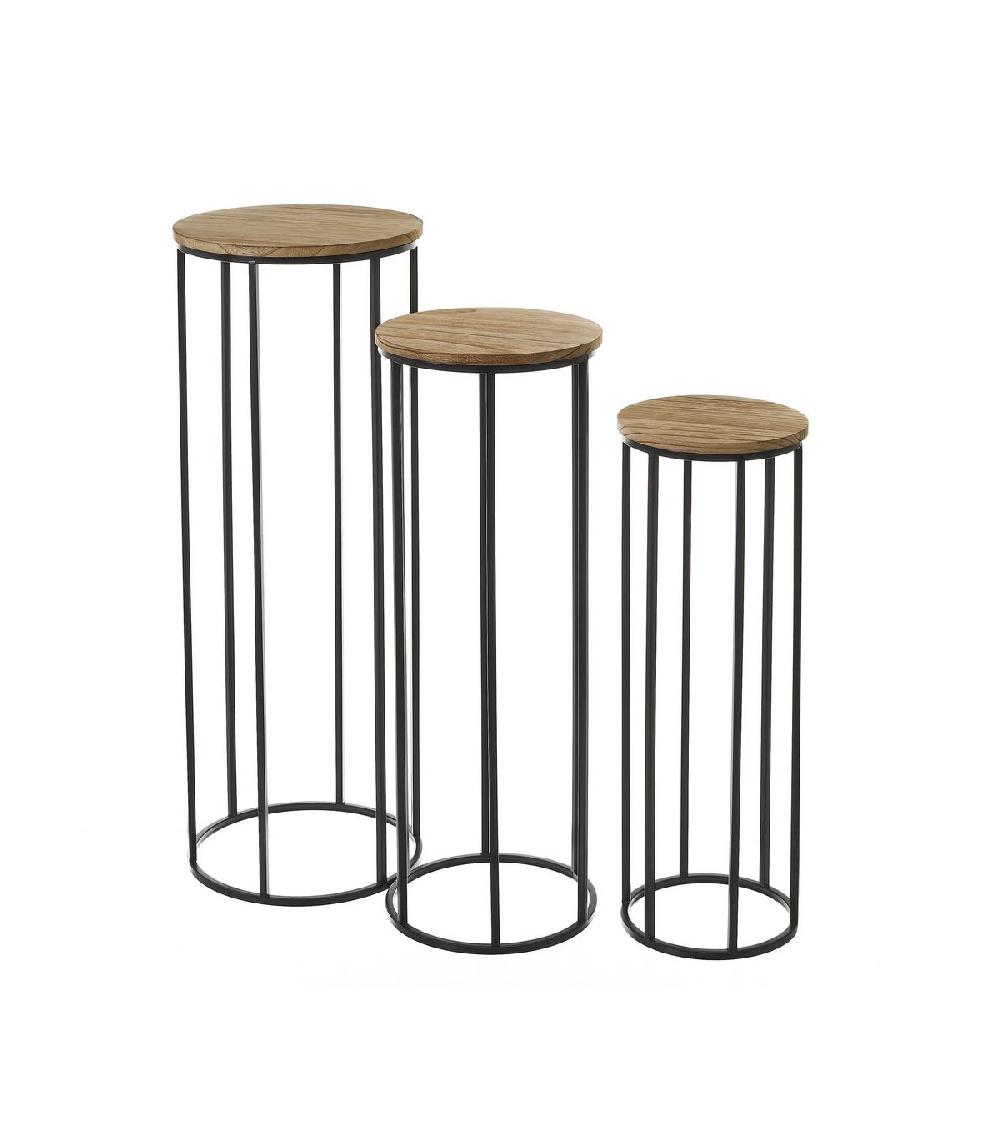 wadiga Set de 3 Sellettes Rondes en Métal Noir et Plateaux Bois