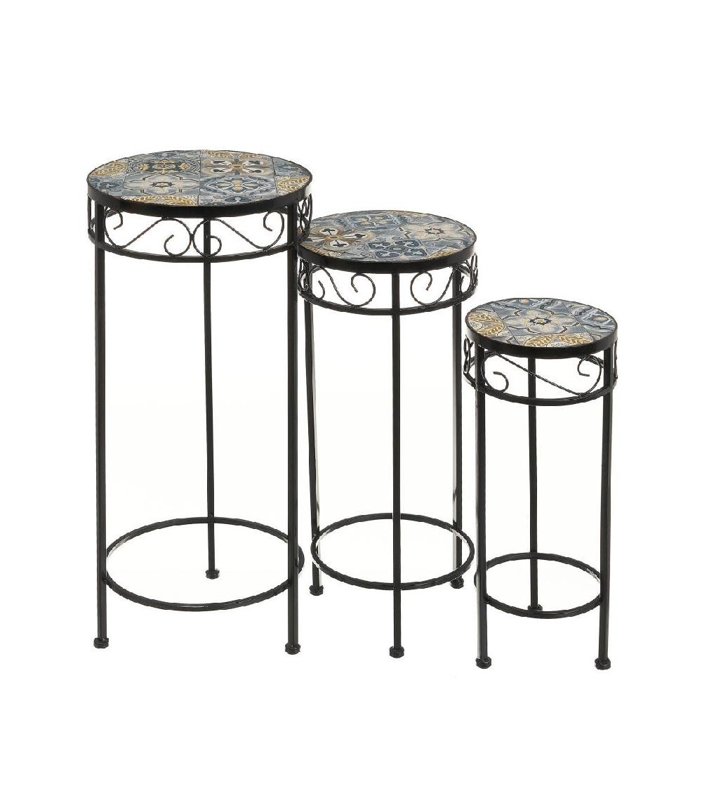 wadiga Set de 3 supports plantes métal noir et céramique bleu - 30x30x66cm
