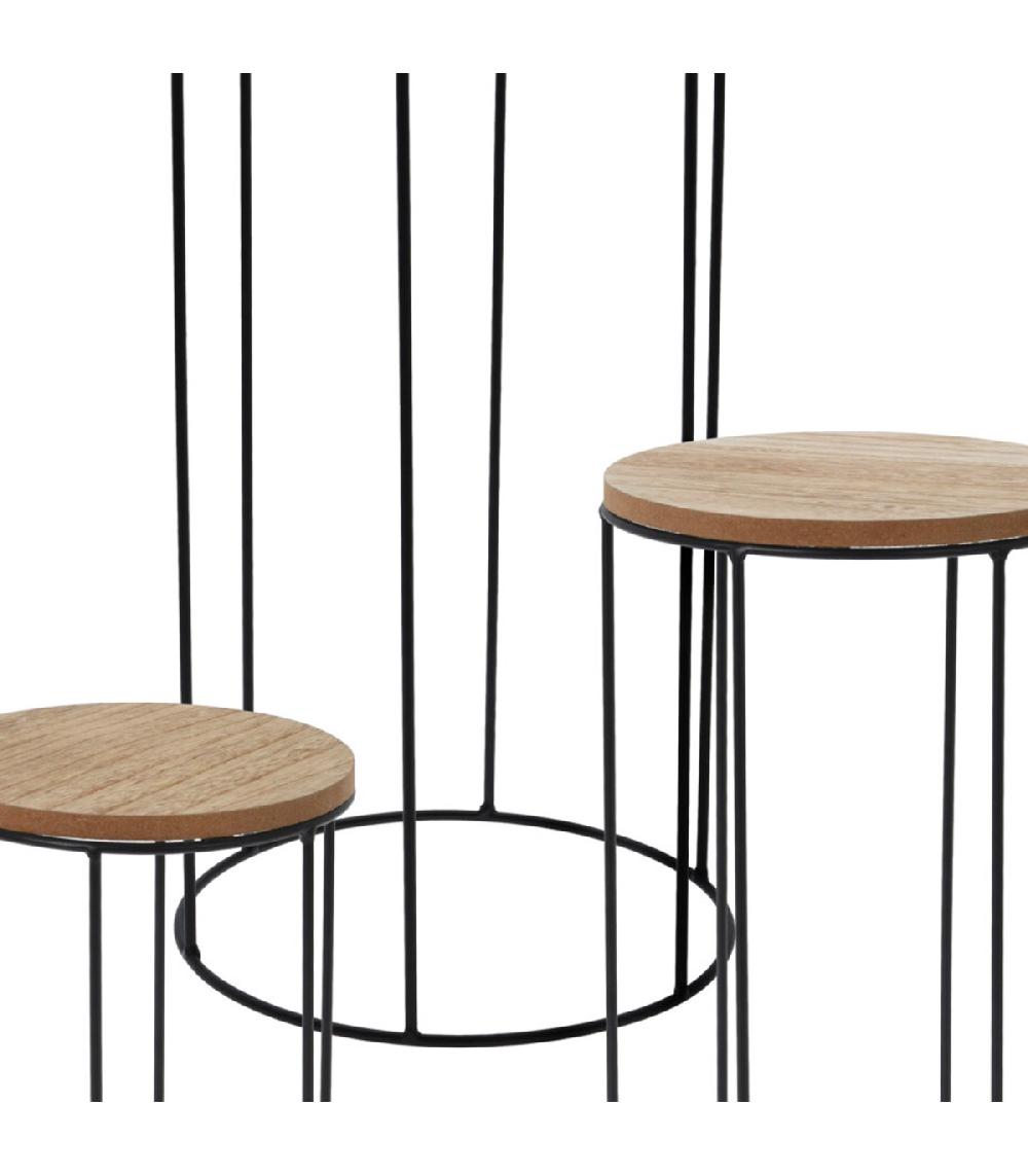 Wadiga Set De 3 Supports Pots Plantes Ronds En Métal Noir Et Bois