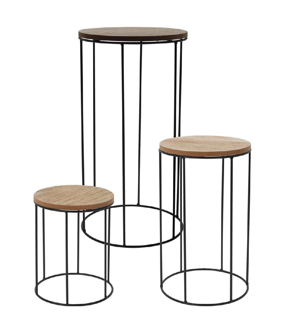 wadiga Set de 3 supports pots plantes ronds en métal noir et bois