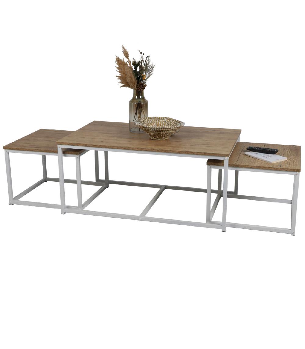 Wadiga Set De 3 Tables Basses Gigognes Bois Et Métal Blanc 100xx60x45cm
