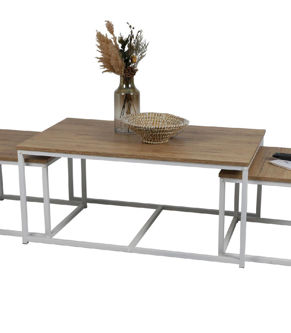 Wadiga Set De 3 Tables Basses Gigognes Bois Et Métal Blanc 100xx60x45cm