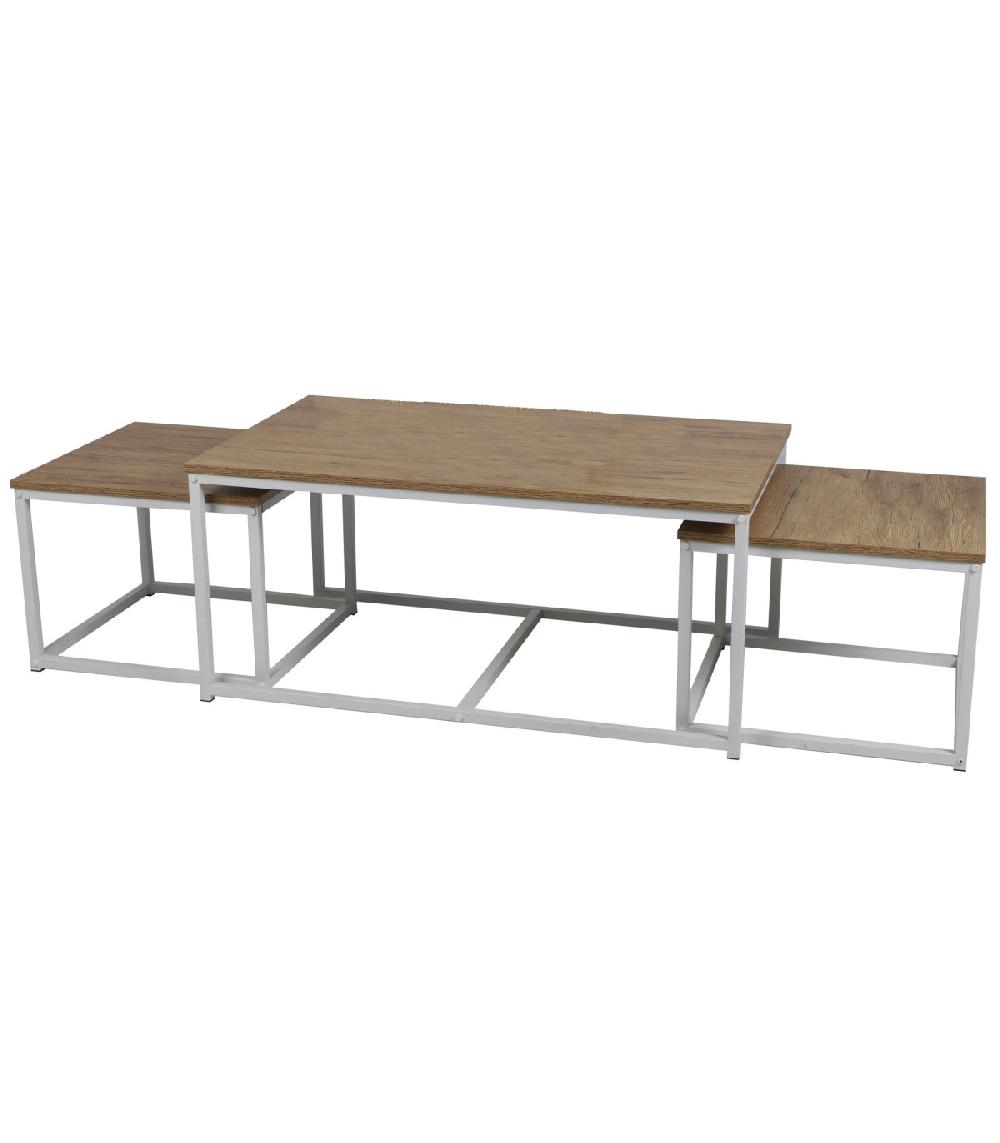 wadiga Set de 3 tables basses gigognes bois et métal blanc 100xx60x45cm