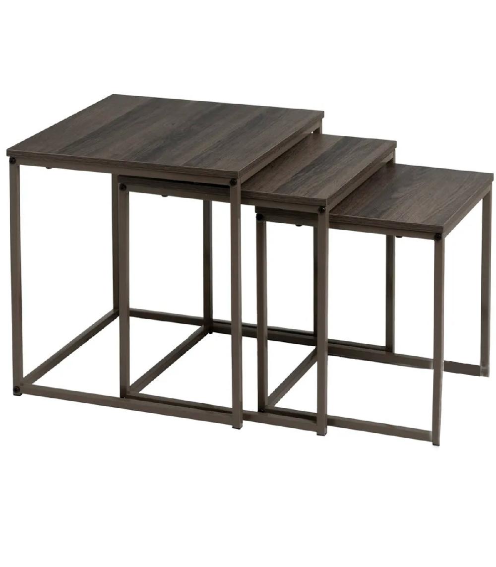 wadiga Set de 3 tables basses gigognes bois et métal gris 40x40x42cm