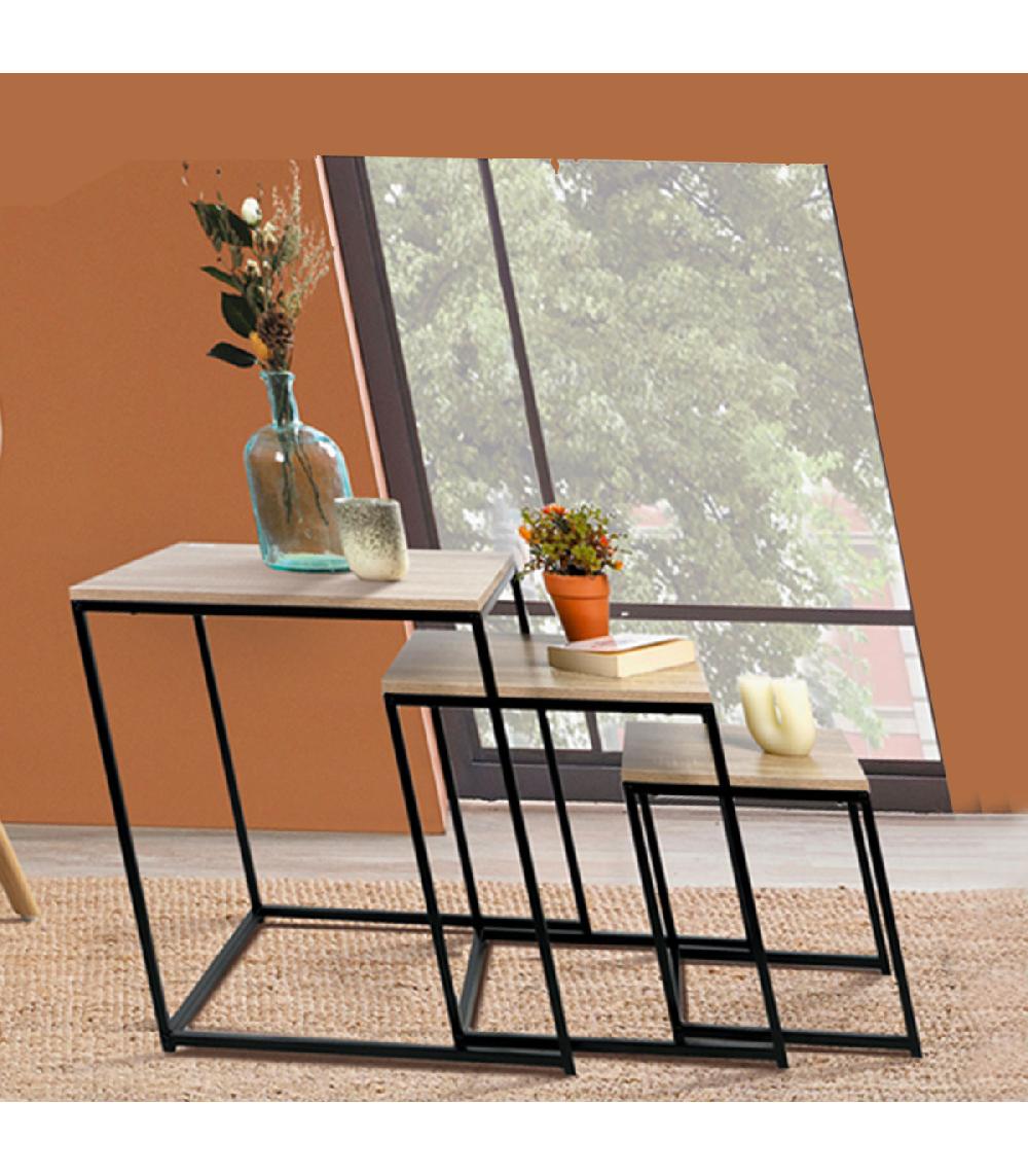 Wadiga Set De 3 Tables Basses Gigognes Bois Et Métal Noir 50x50x50cm