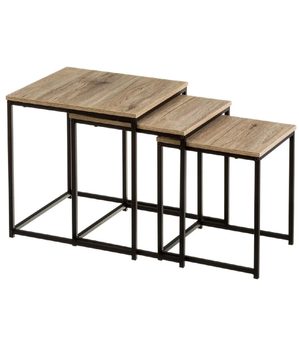 wadiga Set de 3 tables basses gigognes bois et métal noir 40x40x42cm