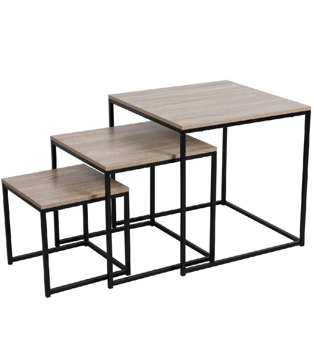 wadiga Set de 3 tables basses gigognes bois et métal noir 50x50x50cm