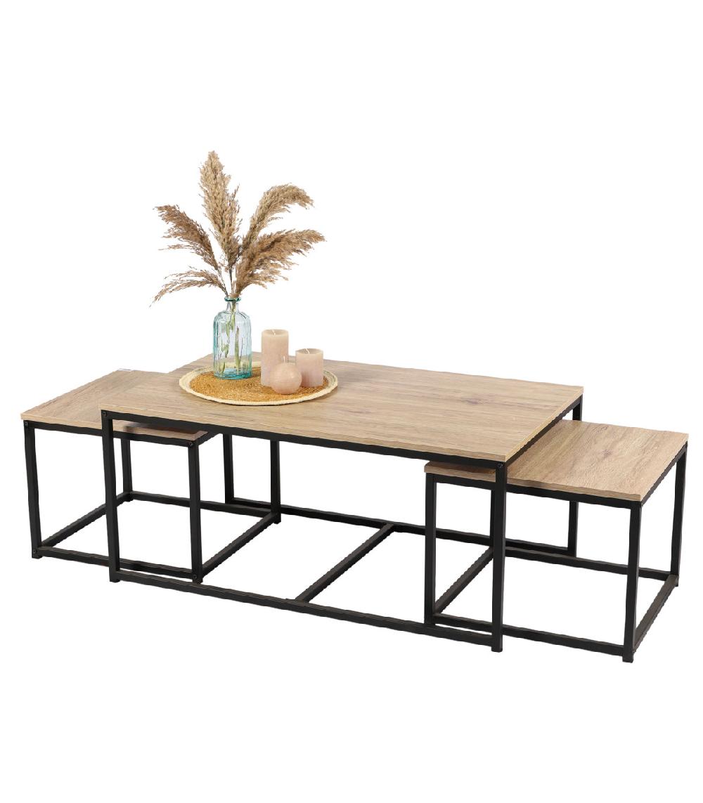 Wadiga Set De 3 Tables Basses Gigognes Bois MDF Et Métal Noir