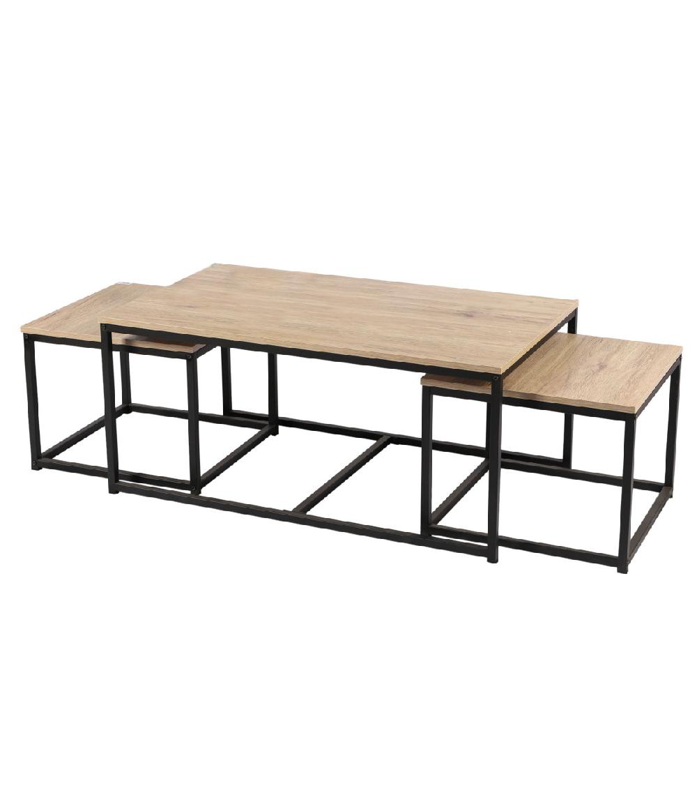 wadiga Set de 3 Tables Basses Gigognes Bois MDF et Métal Noir