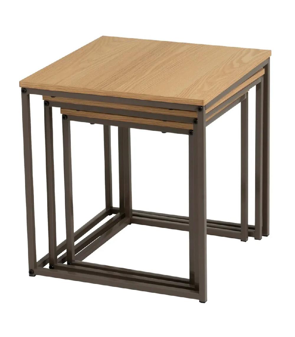 Wadiga Set De 3 Tables Basses Gigognes Couleur Bois Naturel Et Métal Gris 40x40x42cm