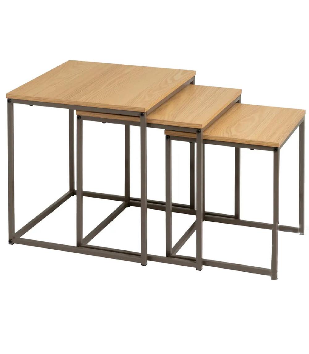 wadiga Set de 3 tables basses gigognes couleur bois naturel et métal gris 40x40x42cm
