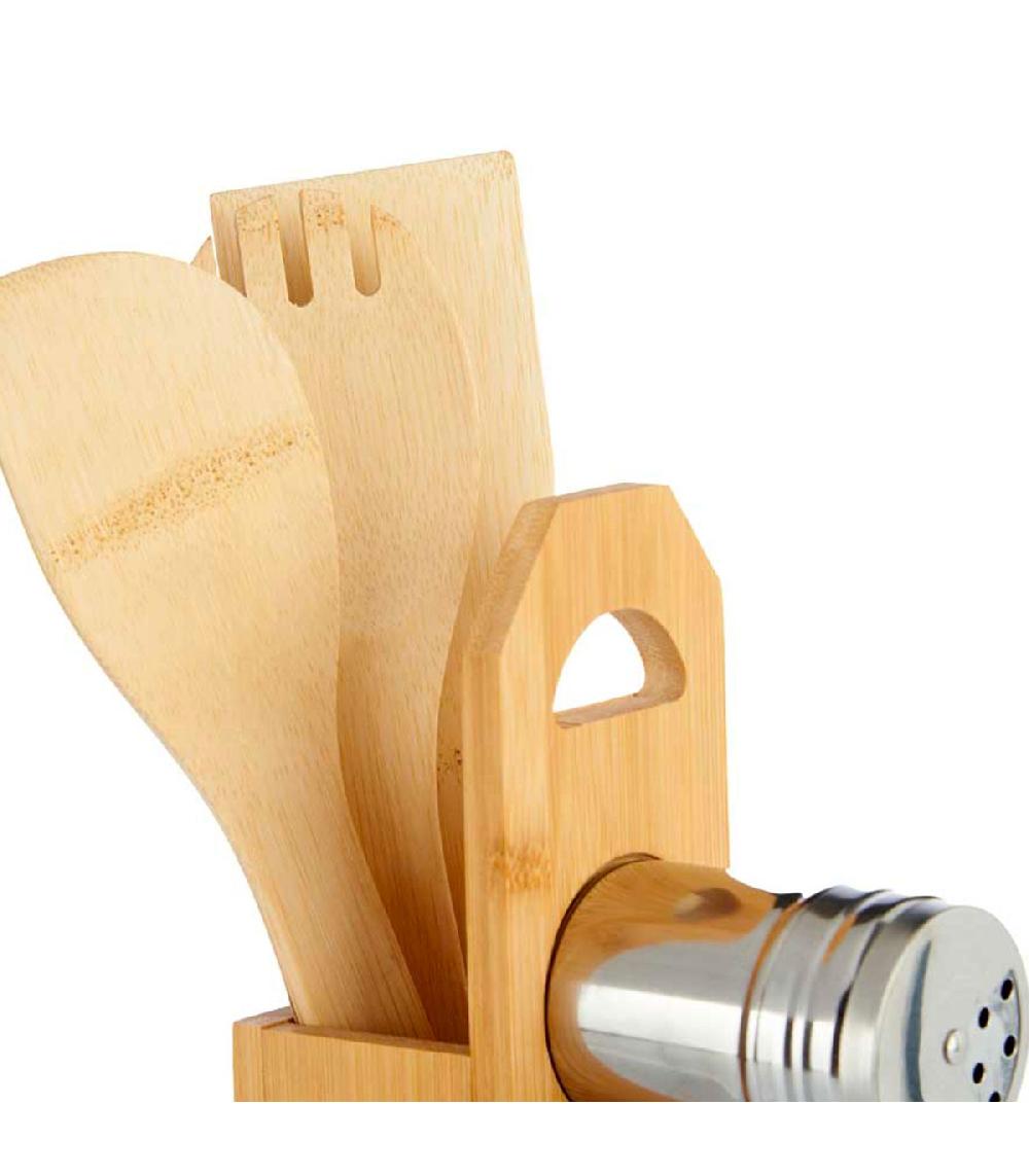 Wadiga Set De 3 Ustensiles De Cuisine + 3 Pots épices Avec Support Bambou