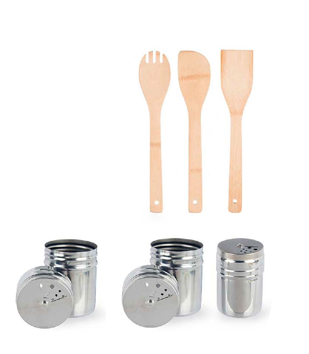 Wadiga Set De 3 Ustensiles De Cuisine + 3 Pots épices Avec Support Bambou