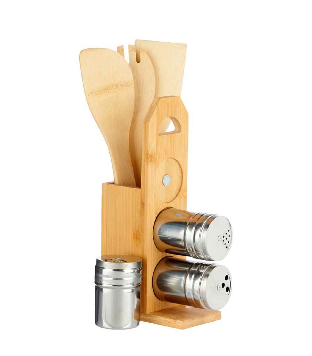 wadiga Set de 3 ustensiles de cuisine + 3 pots épices avec support bambou