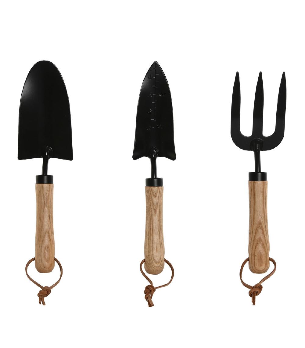wadiga Set de 3 ustensiles de jardinage en bois et métal noir 10x10x35cm
