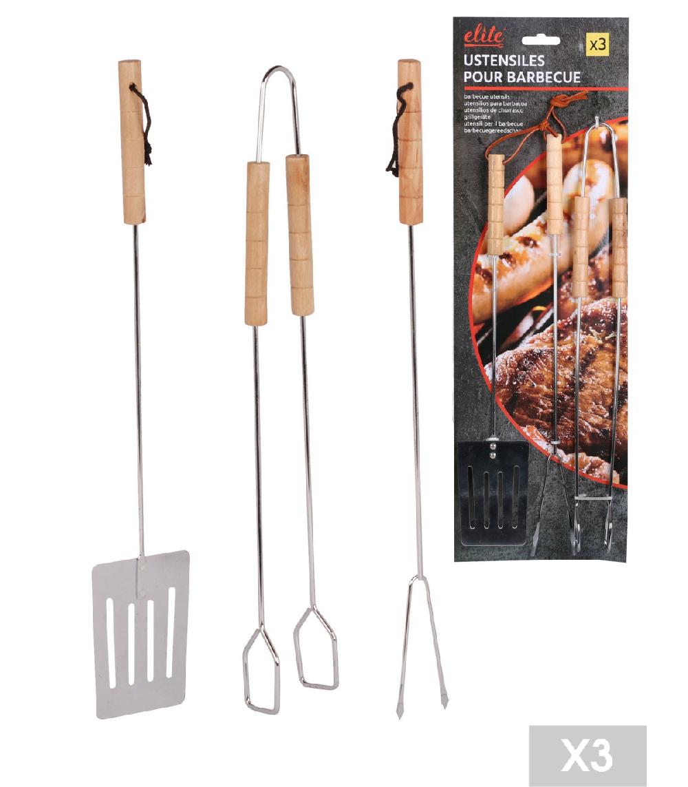Wadiga Set De 3 Ustensiles Pour Barbecue Acier Et Bois