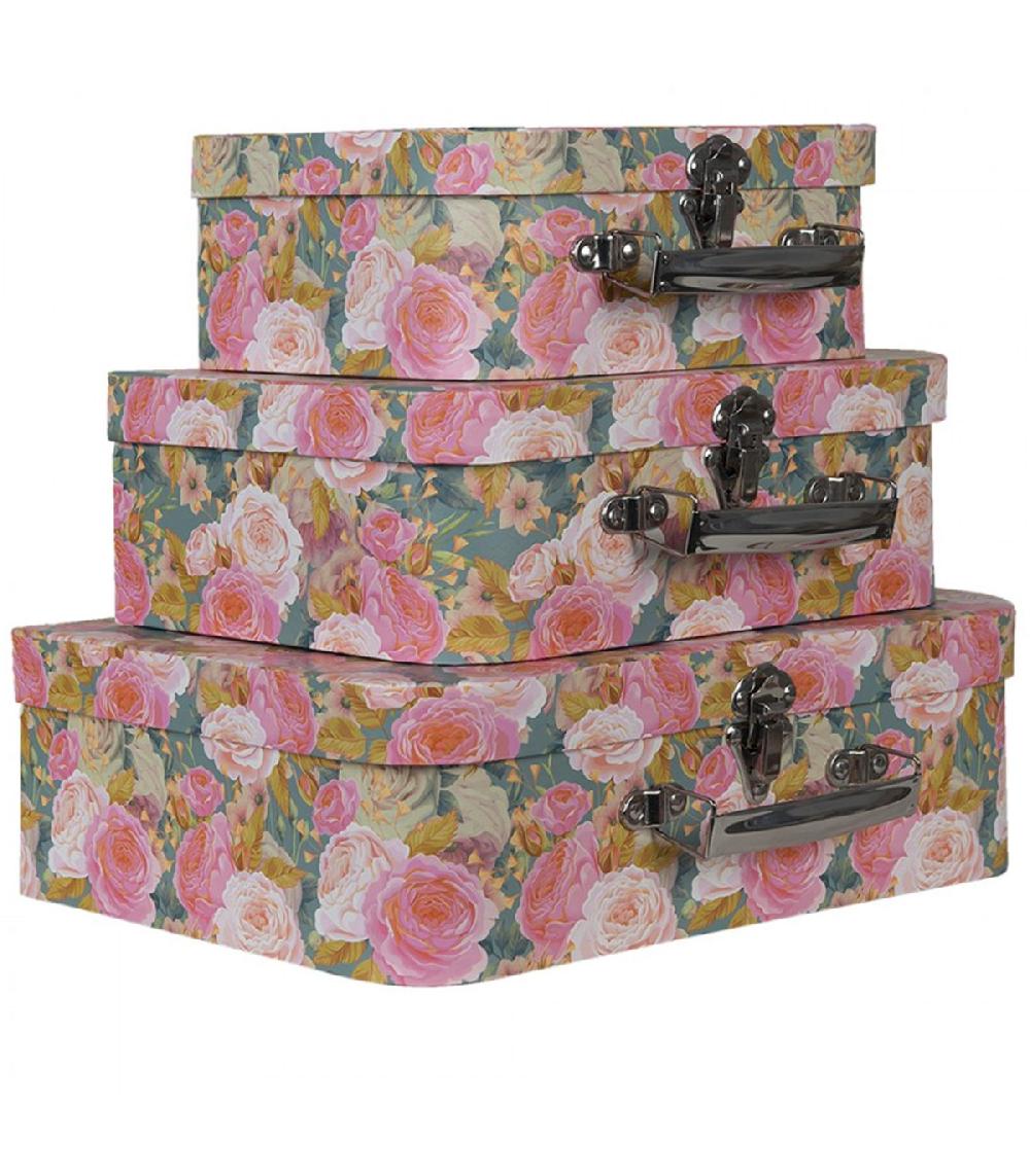 Wadiga Set De 3 Valises De Rangement Décoratives En Carton Fleuri 30x22x10cm