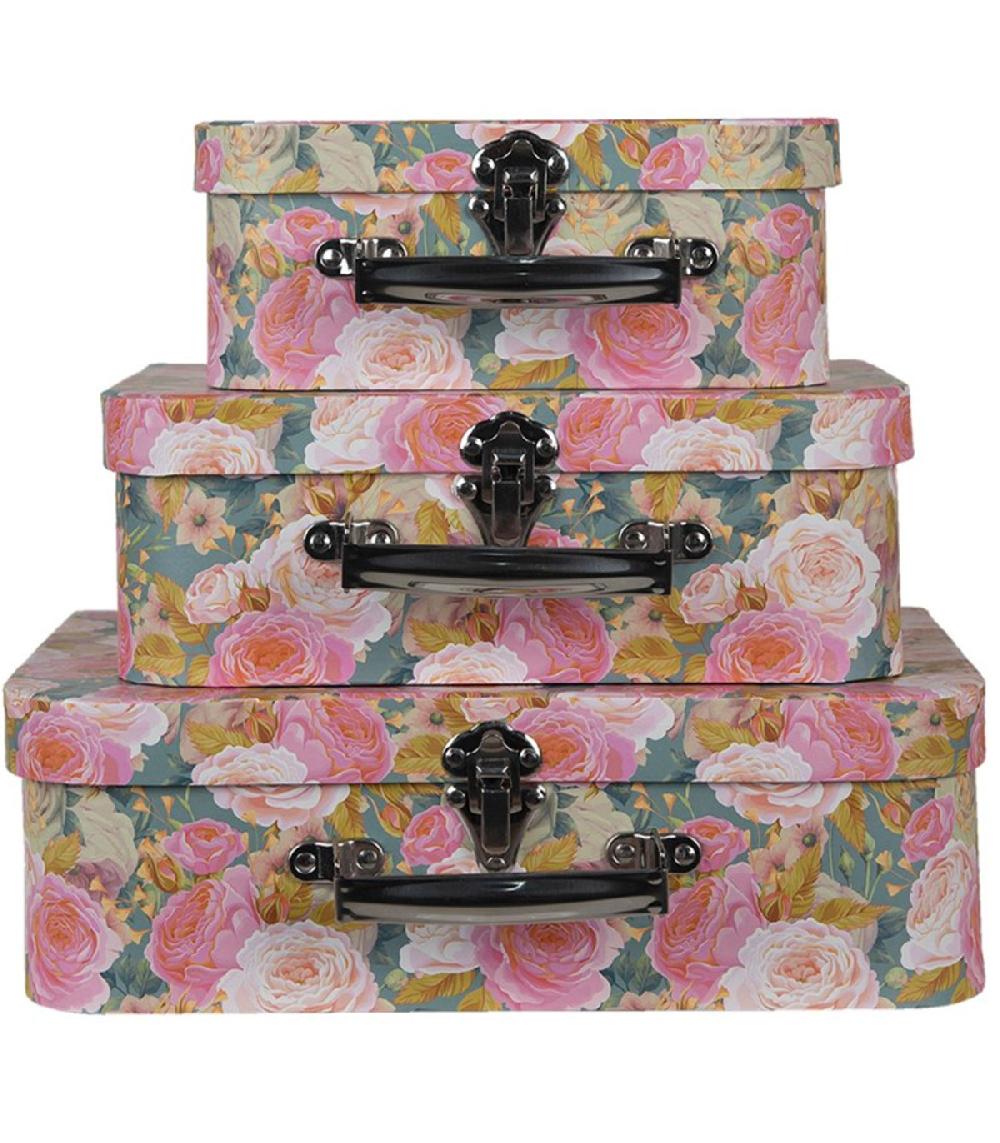 wadiga Set de 3 valises de rangement décoratives en carton fleuri 30x22x10cm