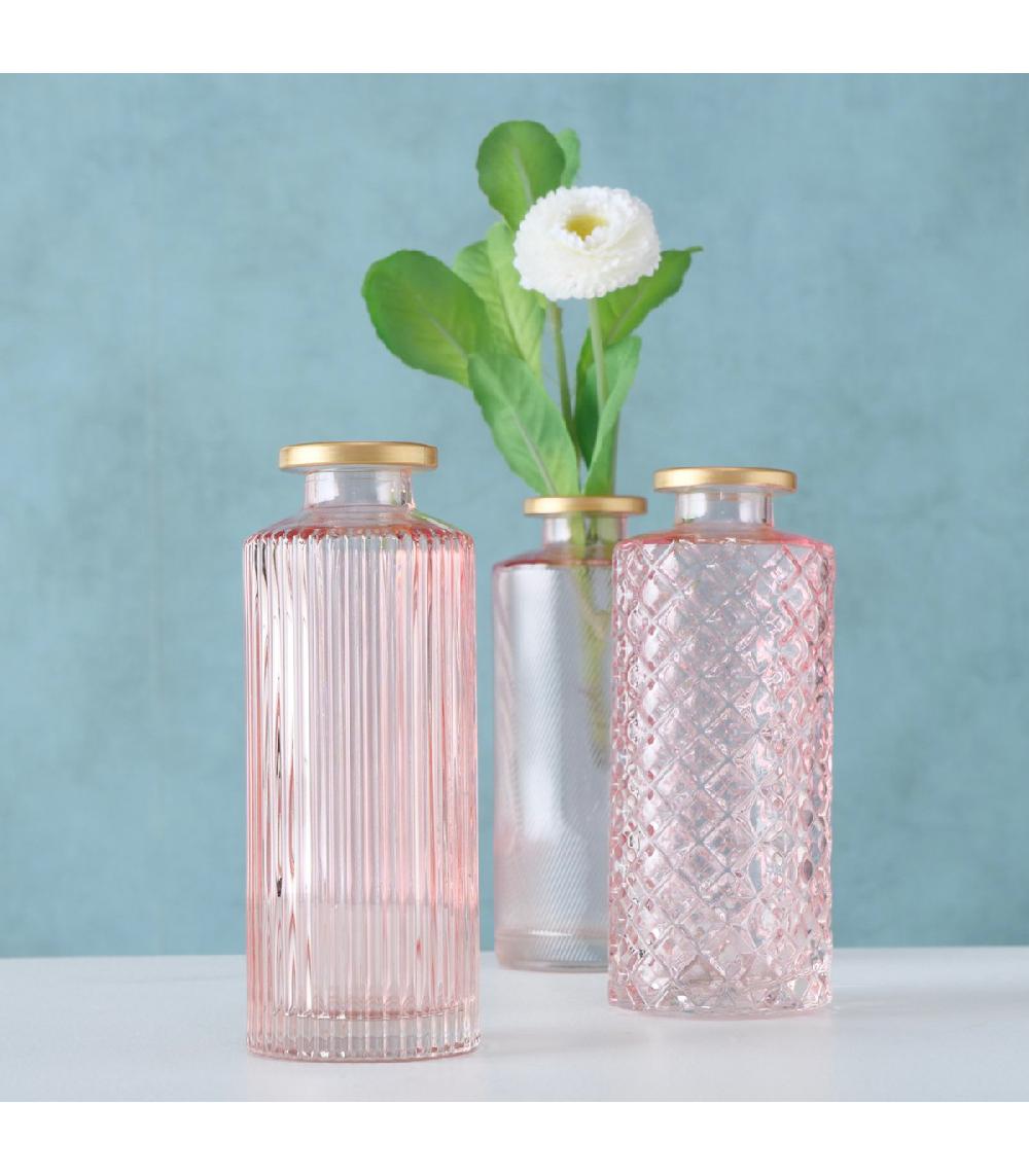 Wadiga Set De 3 Vases Soliflores En Verre Taillé Rose Et Doré 5x5x13cm