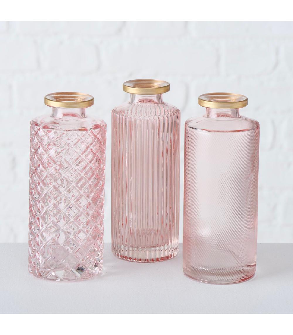 Wadiga Set De 3 Vases Soliflores En Verre Taillé Rose Et Doré 5x5x13cm