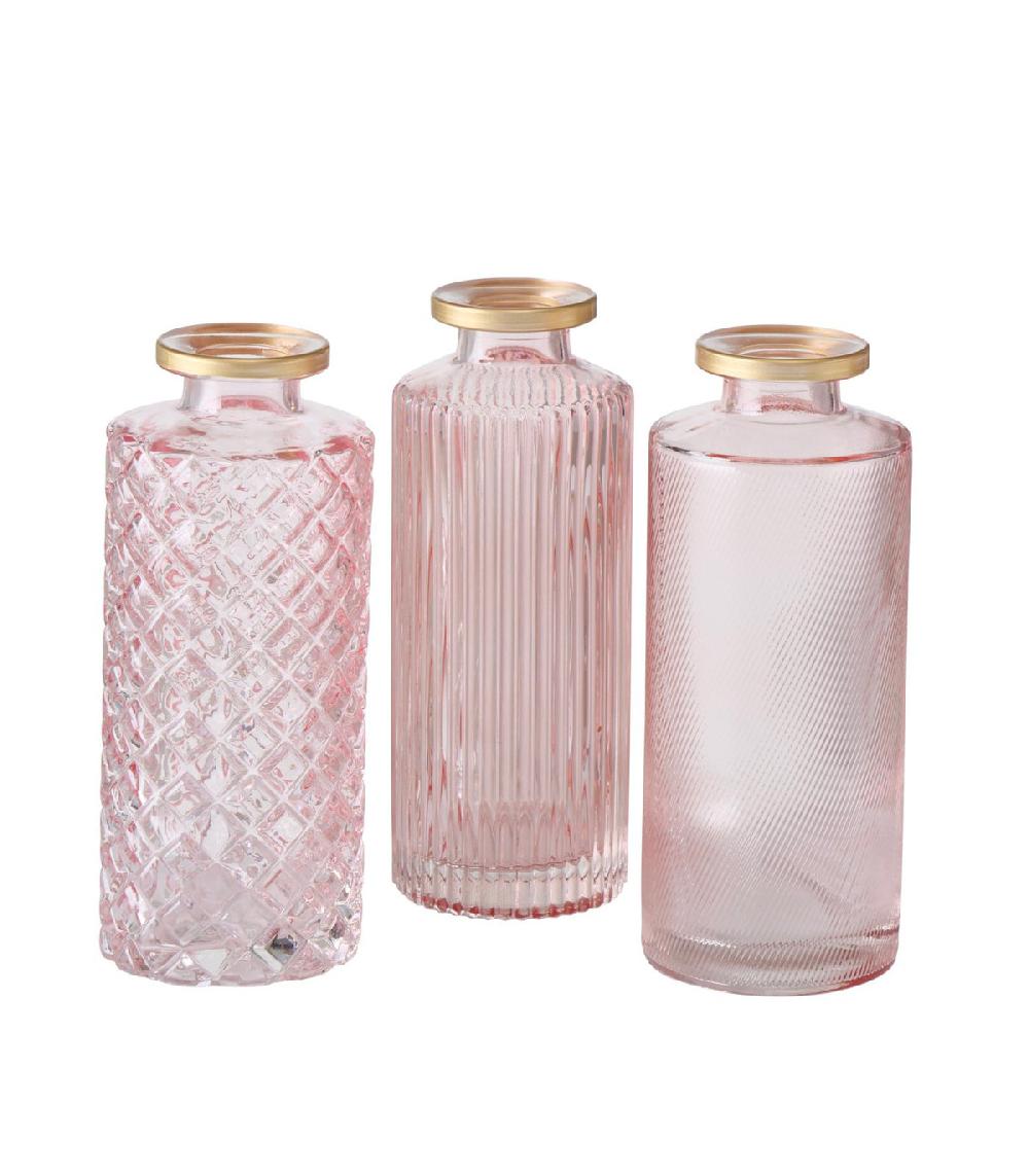 wadiga Set de 3 vases soliflores en verre taillé rose et doré 5x5x13cm