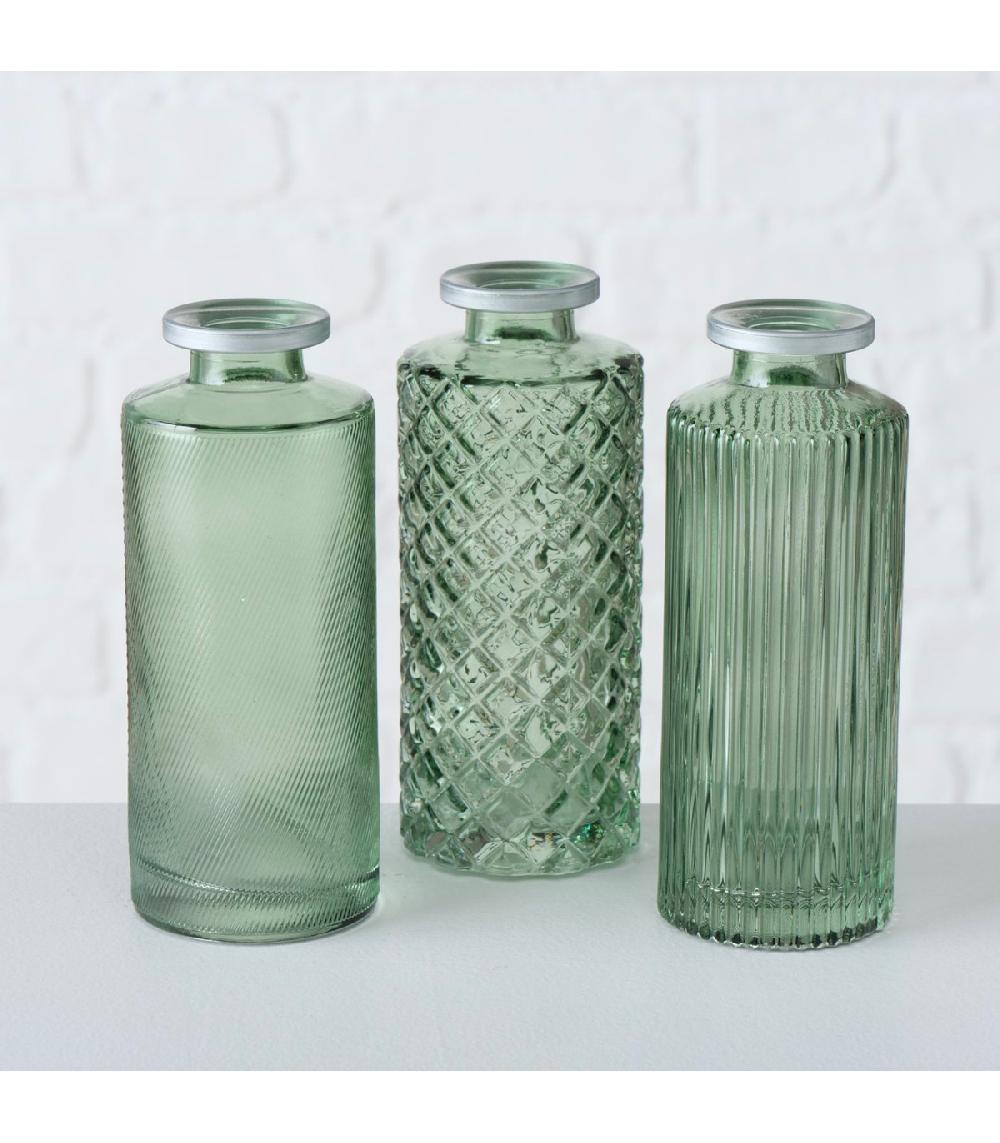 Wadiga Set De 3 Vases Soliflores En Verre Taillé Vert Et Argenté 5x5x13cm