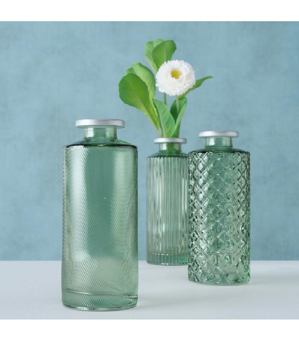 Wadiga Set De 3 Vases Soliflores En Verre Taillé Vert Et Argenté 5x5x13cm