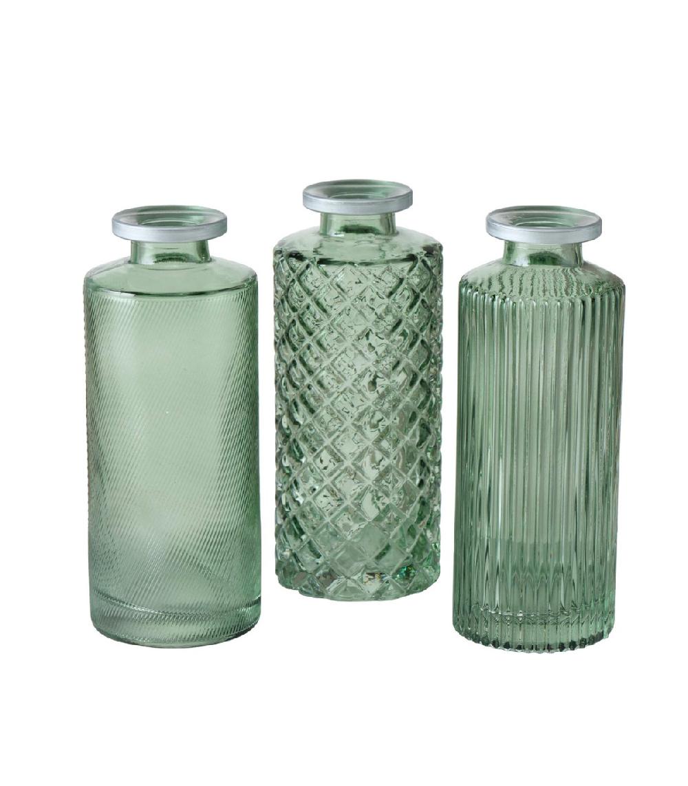 wadiga Set de 3 vases soliflores en verre taillé vert et argenté 5x5x13cm