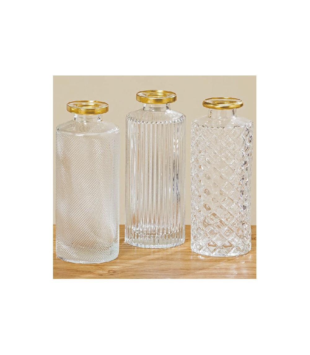 Wadiga Set De 3 Vases Soliflores En Verre Transparent Et Doré - Hauteur 13cm